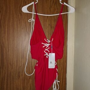 Fashion Nova Red Lace-Up One Piece Swimsuit